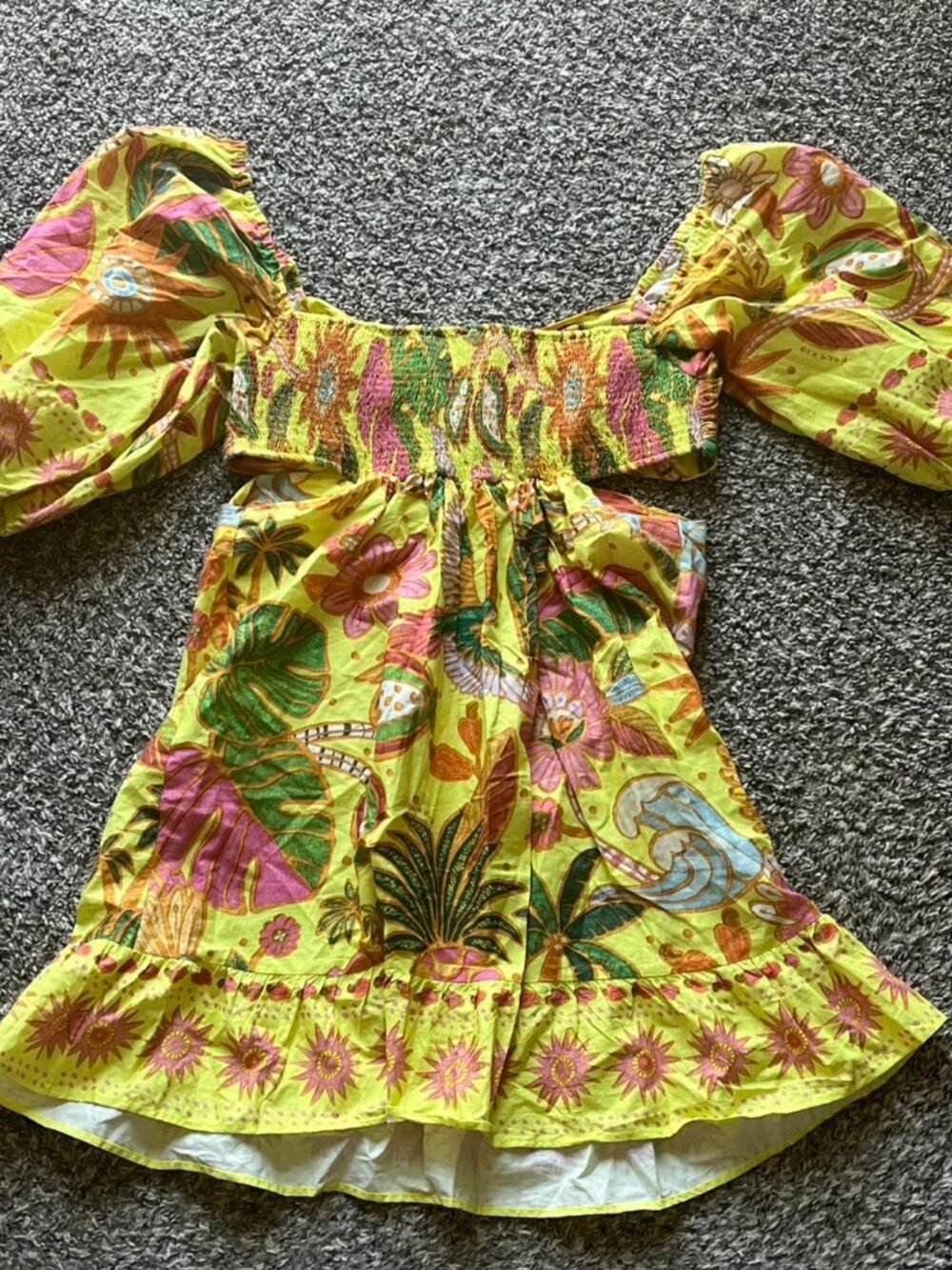 Farm Rio Mini Dress Small Yellow Summer Tropical Vacation Off the Shoulder Girly - Picture 4 of 7